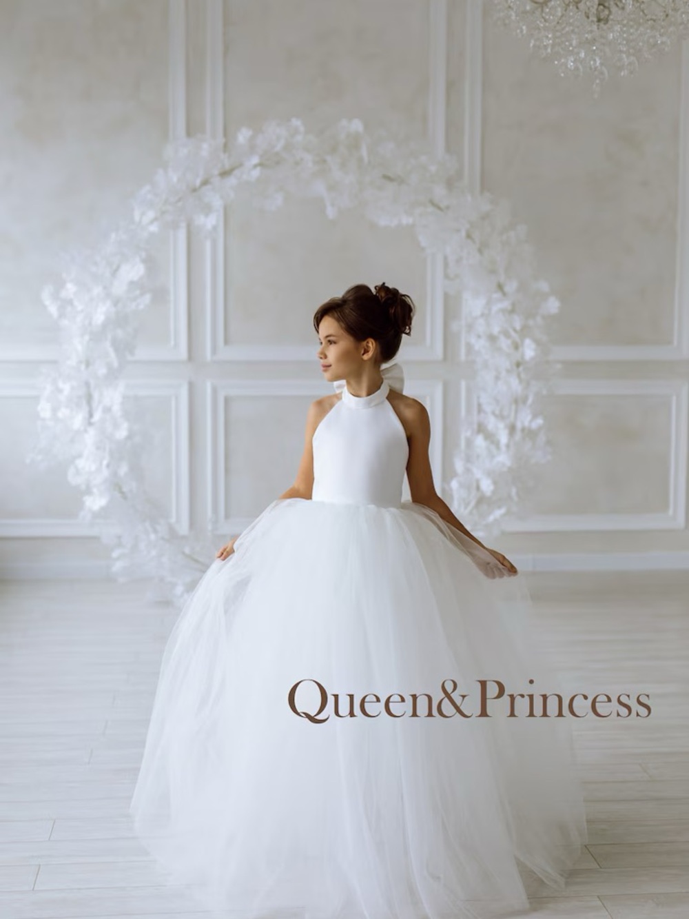Queen & Princess White Tulle Halter Flower Girl Dress